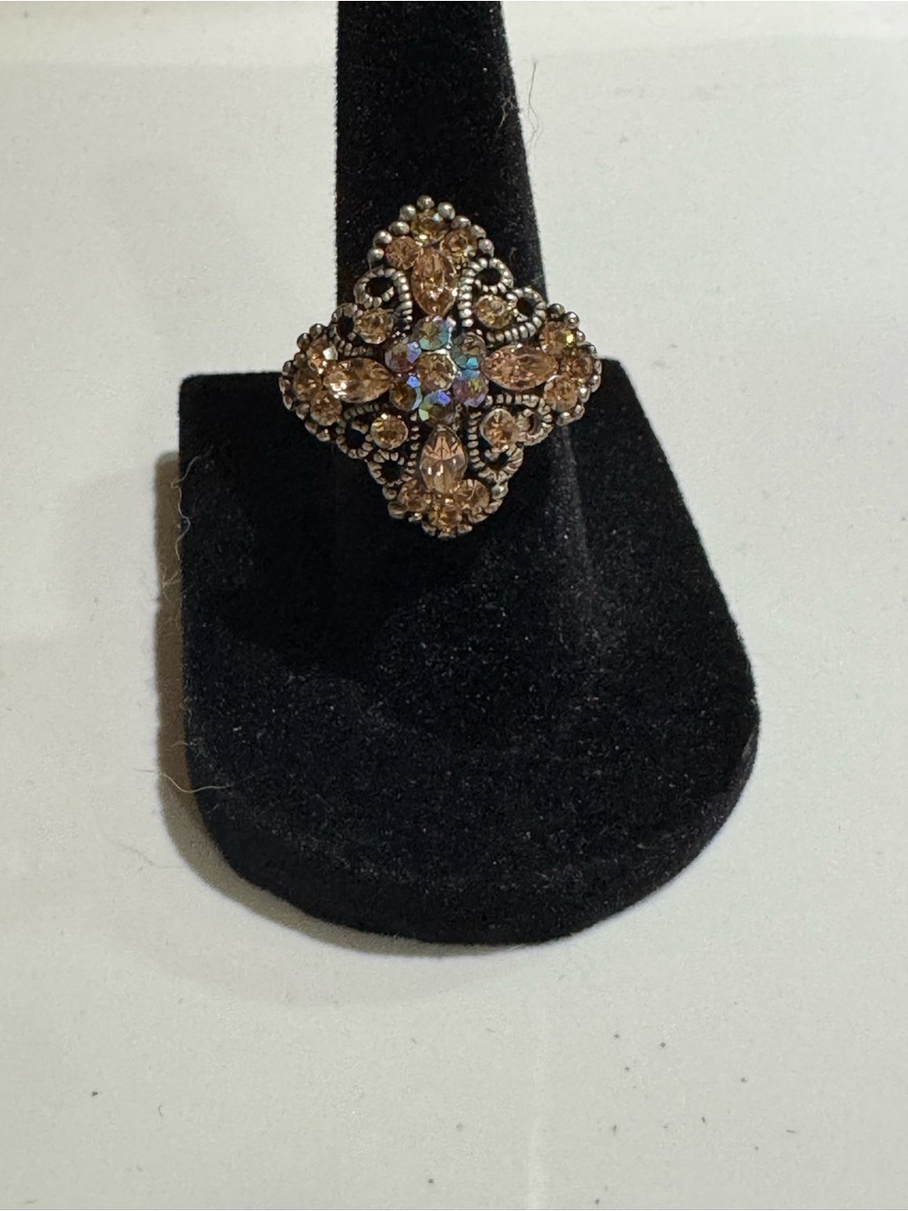 Vintage Filigree Champagne Crystal Statement Ring